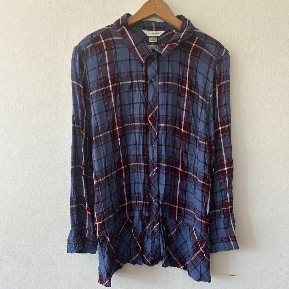 Christopher & Banks Blue Plaid Blouse Womens XL‎ Ruffle Hem Western Granola